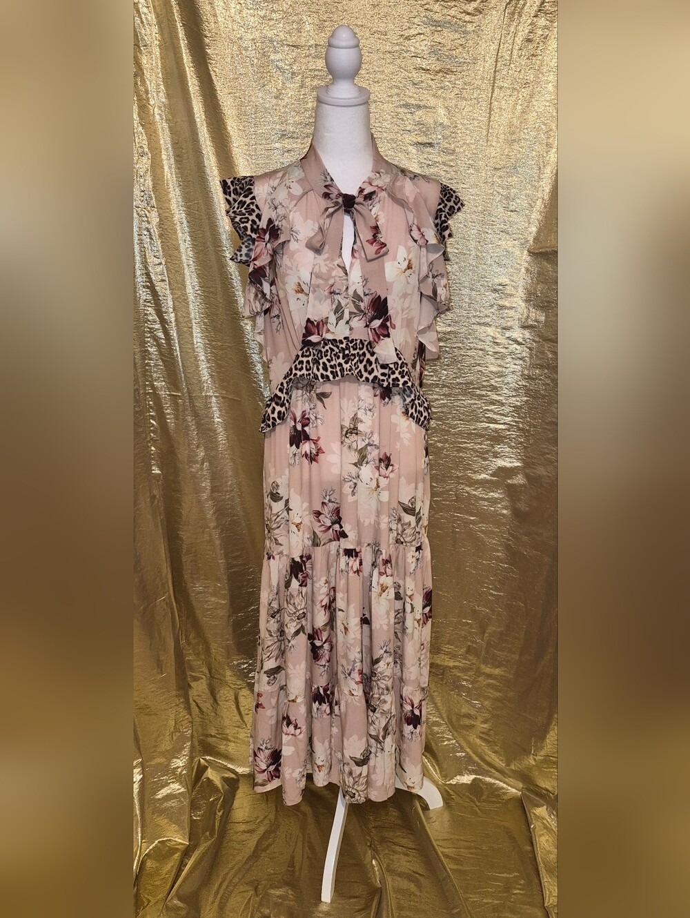 Anthropologie Kachel Floral Tie-Neck Maxi Dress with Leopard Trim - Blush